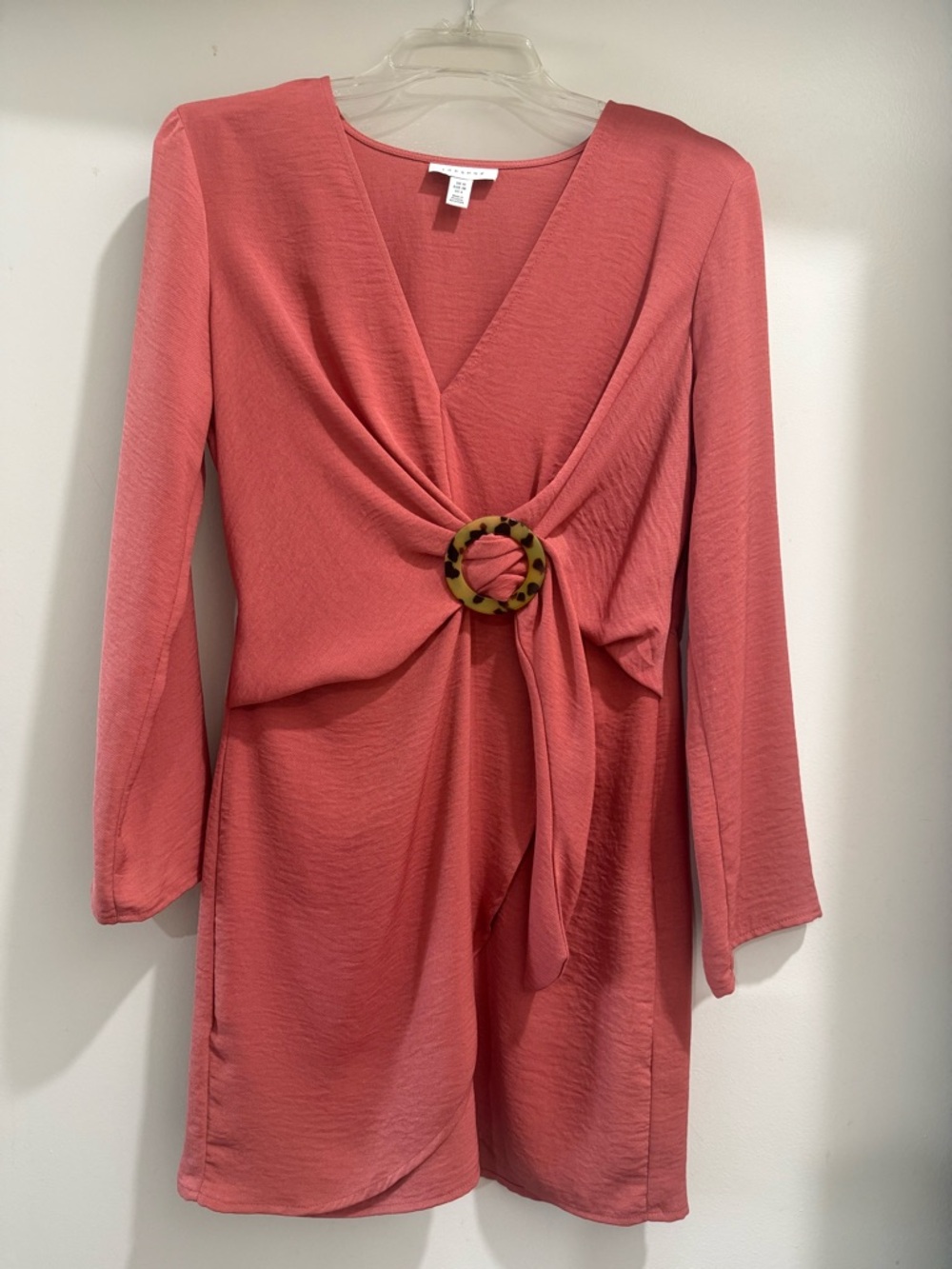 Topshop Coral Long Sleeve Twist Dress with Ring Accent